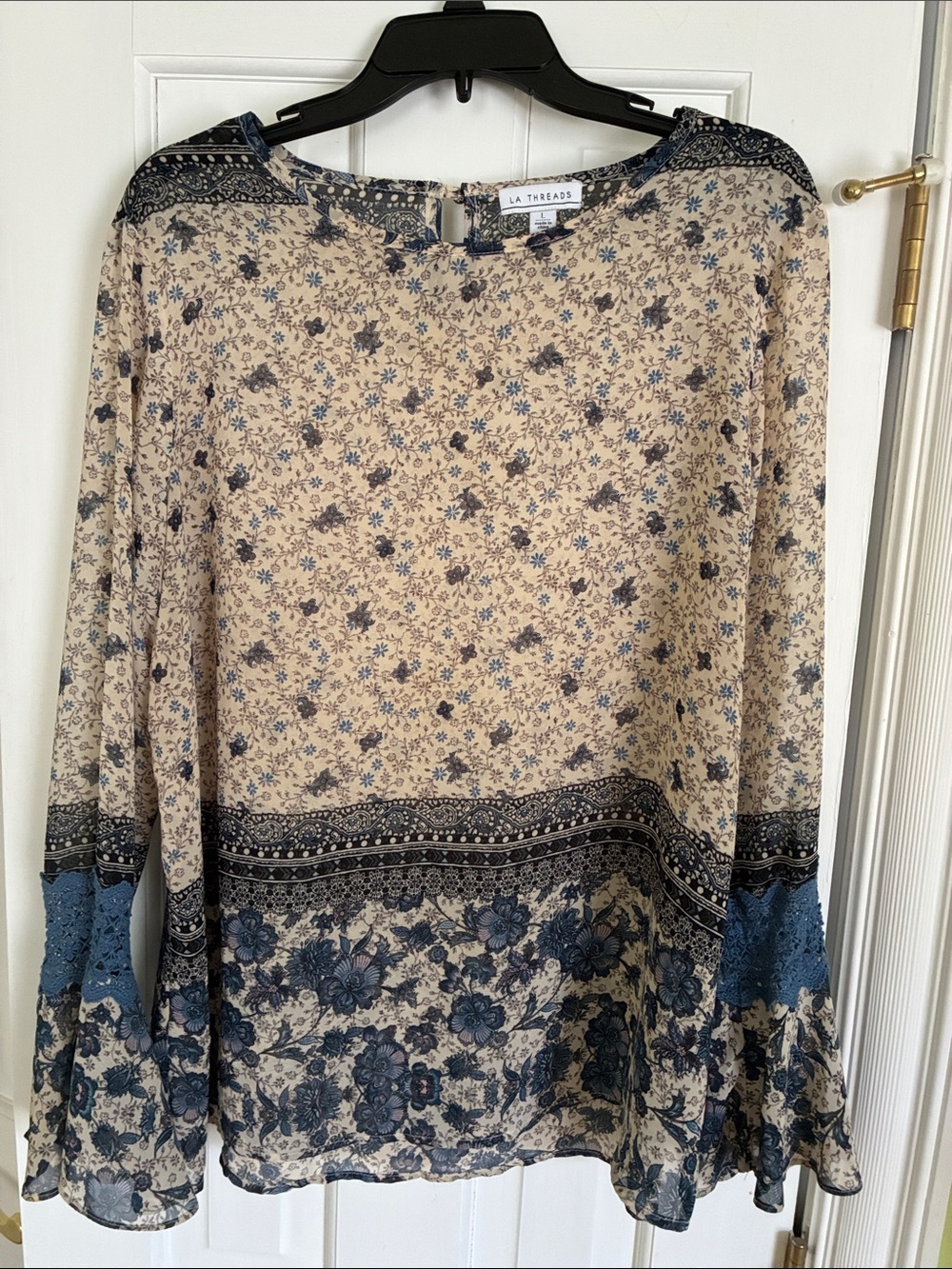 LA THREADS Floral Boho Blouse in Cream & Blue